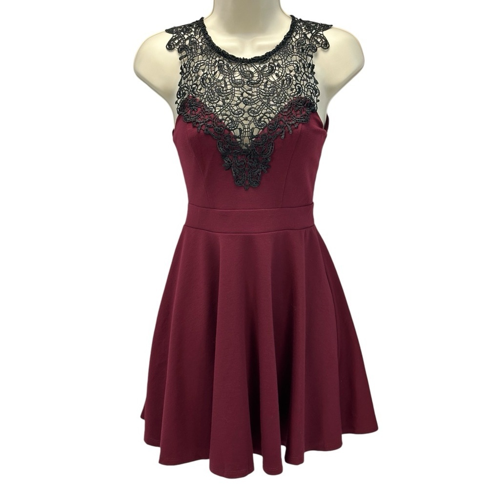 Material Girl Sleeveless Lace Bodice Fit & Flare Mini Dress - Maroon Red - XS